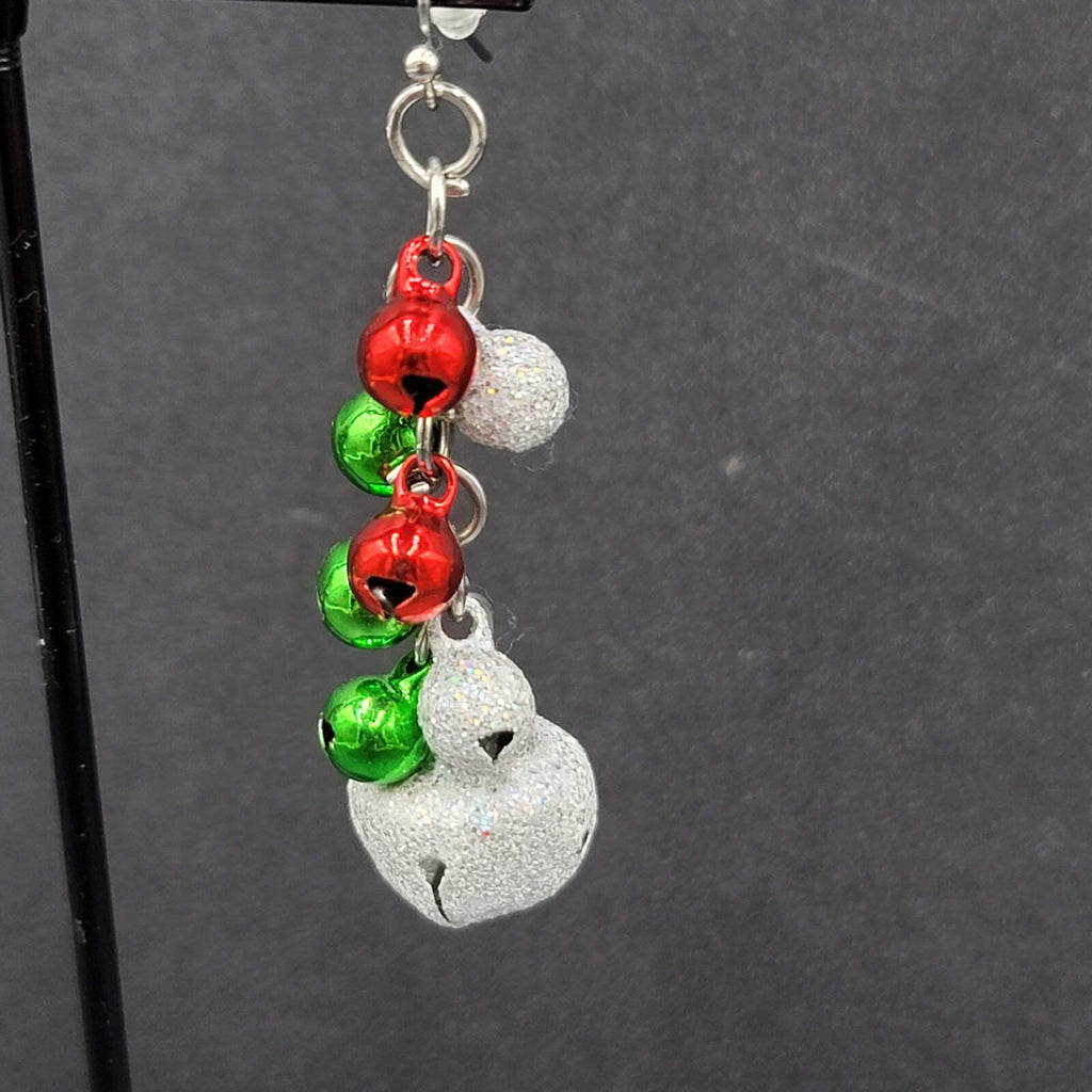 Christmas Pierced Earrings Green Red Silver Glitter Bells Dangle 2"