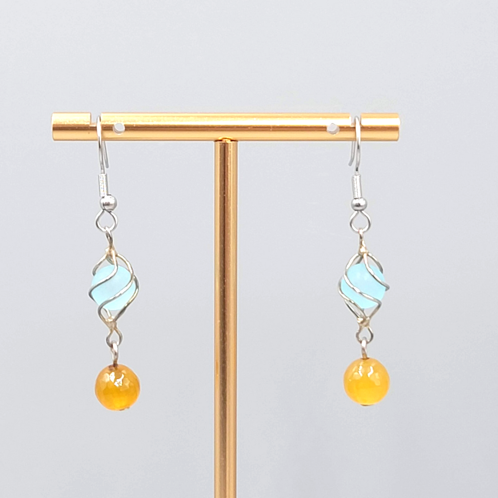 Blue Yellow Glass Bead Pierced Earrings Silver tone Dangle  1.25 in