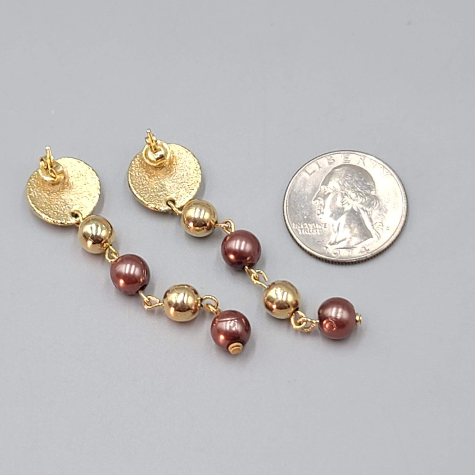 Pierced Earrings Gold Plated Bead Dangle 2.25"