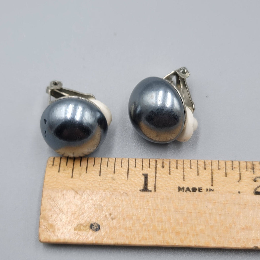 Vintage Clip on Earrings Satin Black Metallic Dome Stud 5/8"