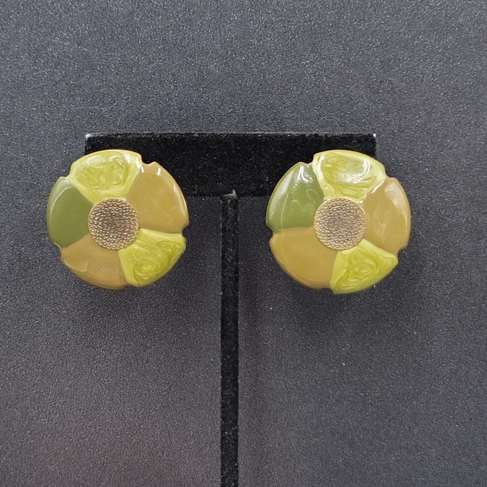 Flower Pierced Earrings Green Enamel Bronze tone Drop 1.25"