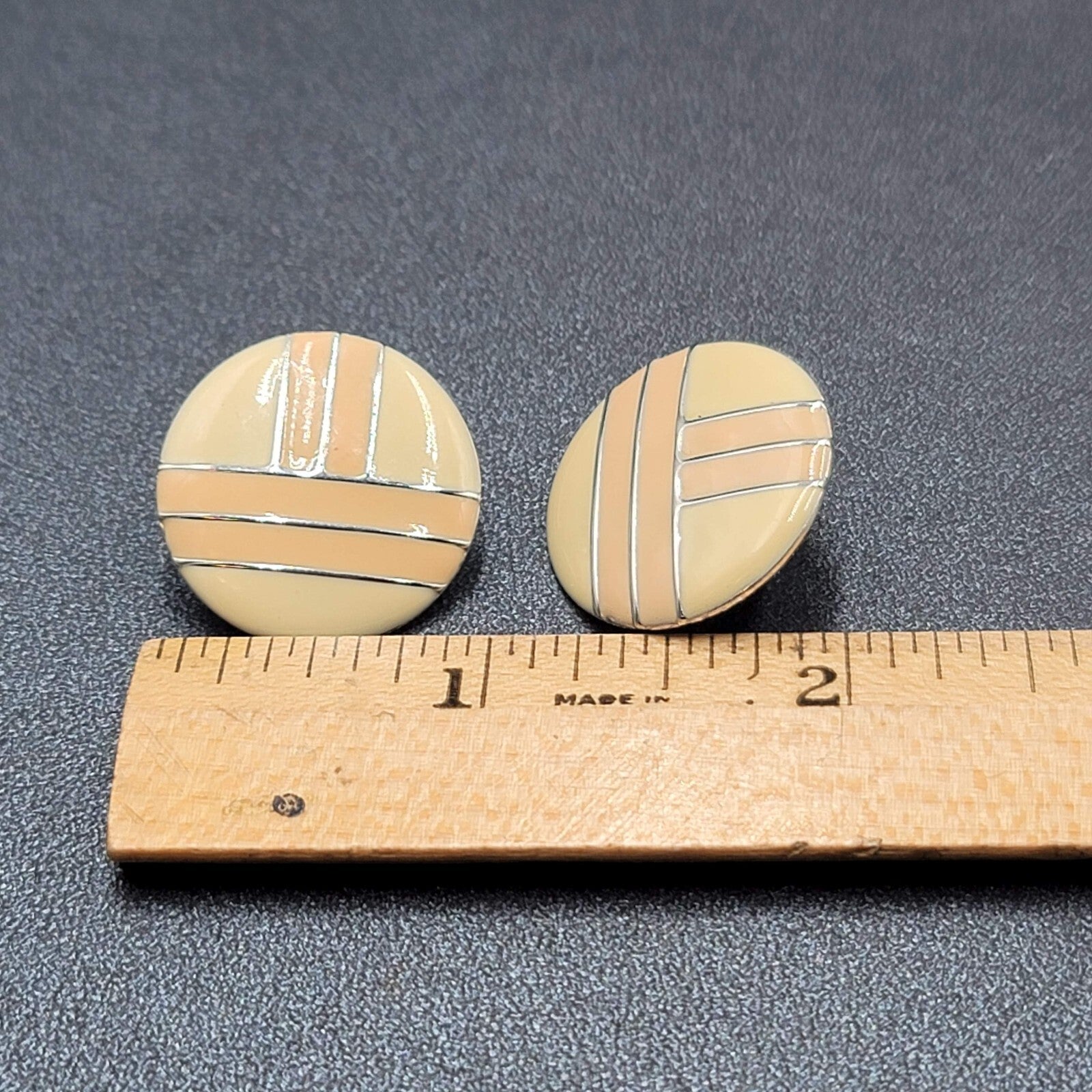 Vintage Pierced Earrings Round Silver tone Peach Tan Enamel 1"