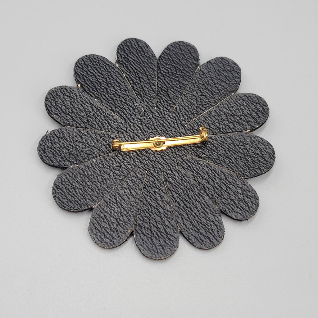 Large Flower Brooch Brown Leather 3.25"