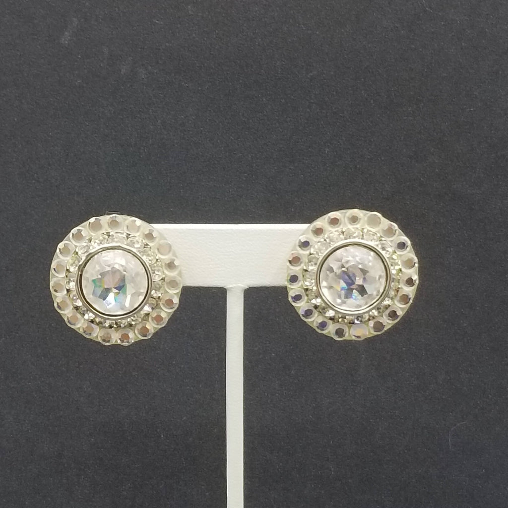 Vintage Clip on Earrings Silver tone Faceted Crystal Button Style Stud 1 1/8"