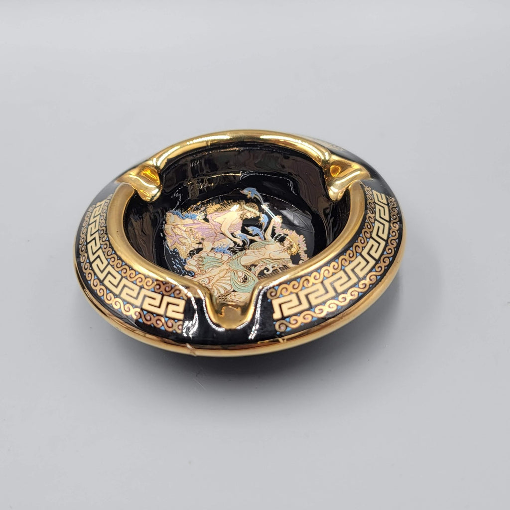 Greek Key Black Ceramic Ashtray Set of 2 24K Gold Hand Made in Greece Mythology