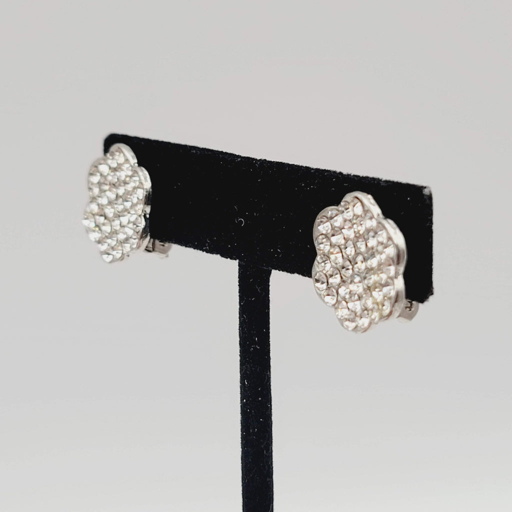 Vintage Rhinestone Flower Shape Clip on Earrings Silver tone 5/8 in