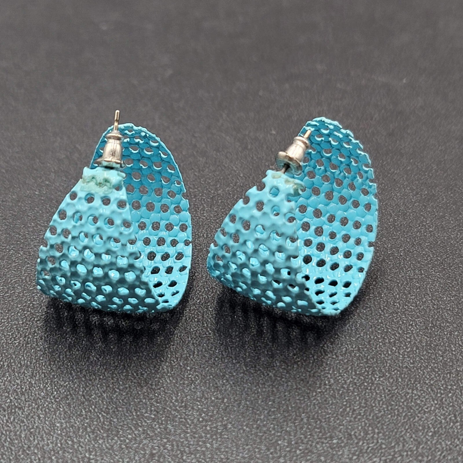 Vintage Pierced Earrings Blue Enamel Mesh Open Work Wide Hoops 1 1/8"