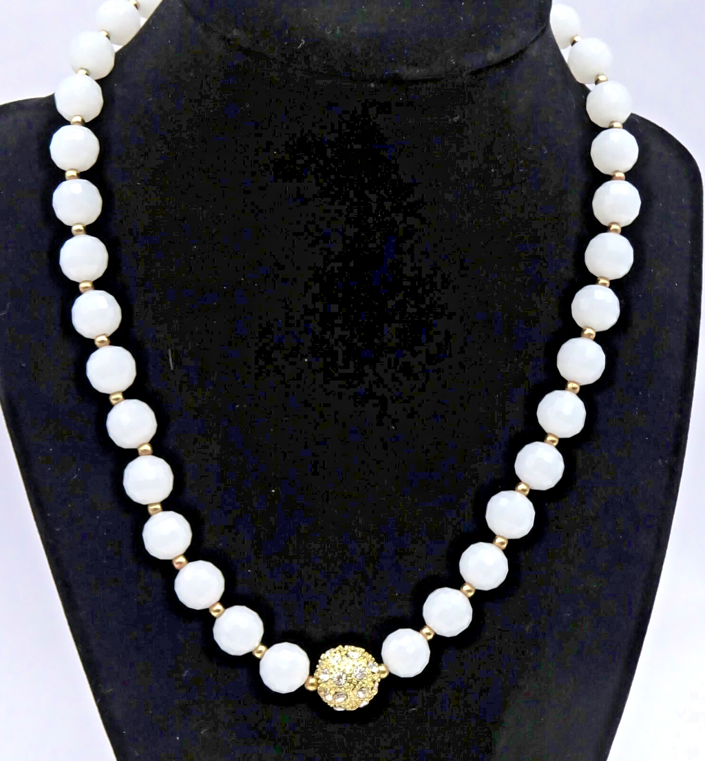 Opaque Faceted Glass Bead Necklace Gold tone 16" - 18"