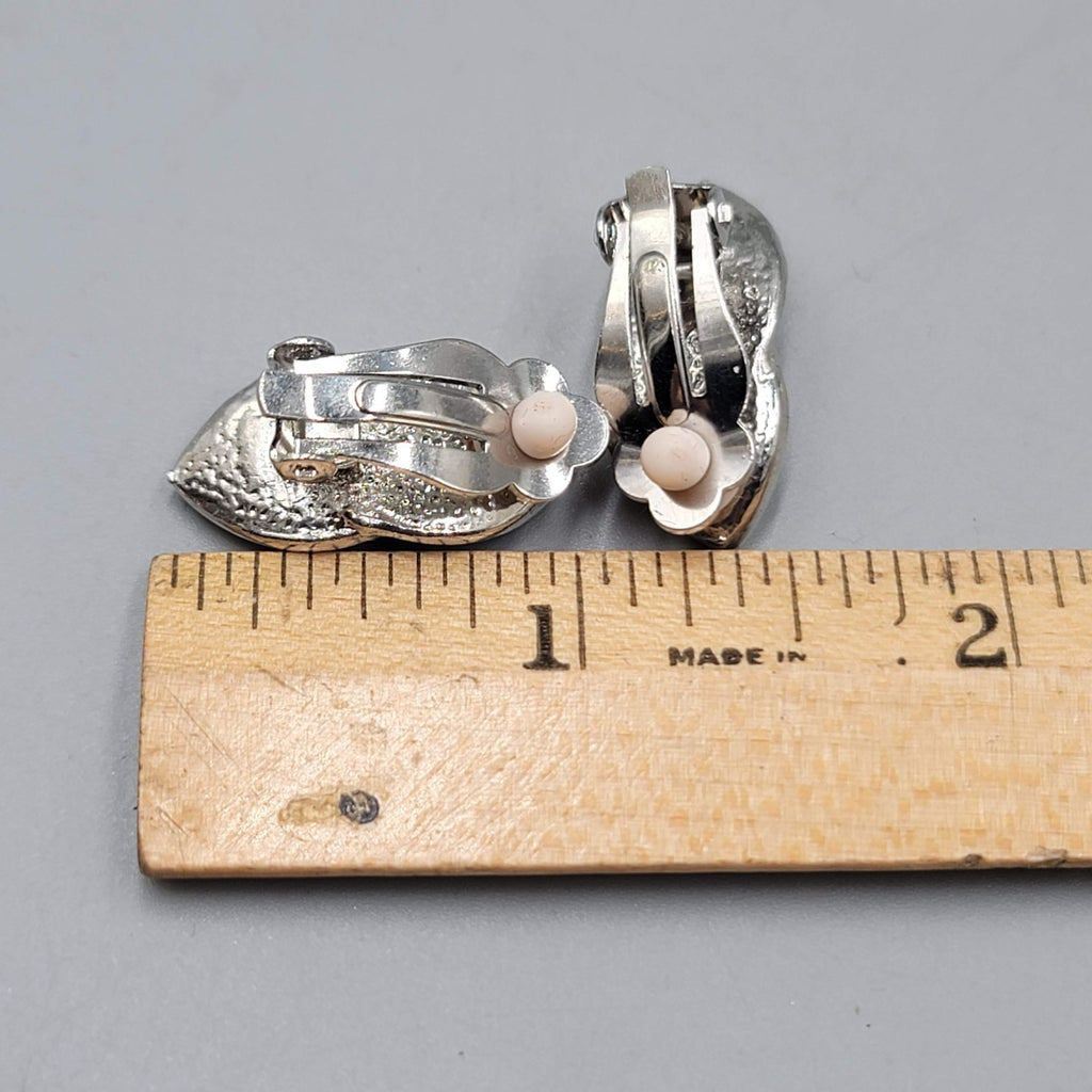 Vintage Curved Rhinestone Clip on Earrings Silver tone Drop 7/8 in
