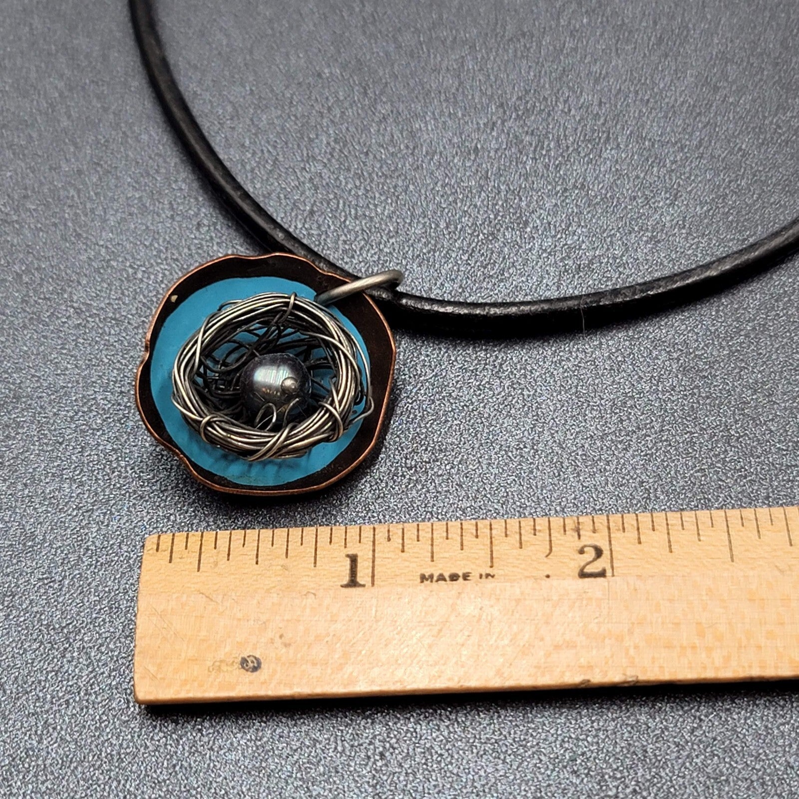Artisan Birds Nest Necklace Leather Cord Blue Enamel Black Pearl 16"