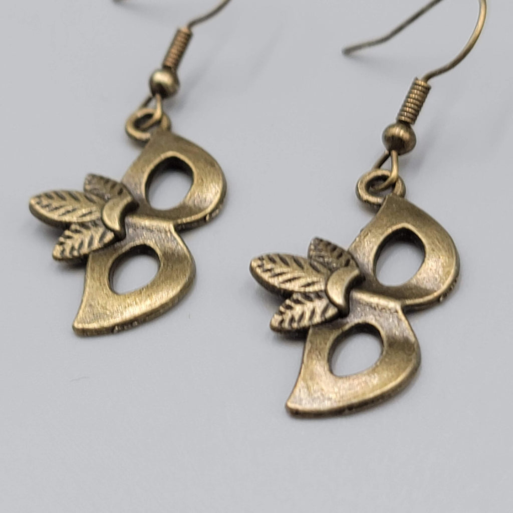 Masquerade Mask Pierced Earrings Bronze tone Metal Embossed Leaves Dangle  1"
