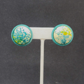Vintage Clip on Earrings Round Dome Blue Green Yellow Speckle Studs 1" Hong Kong