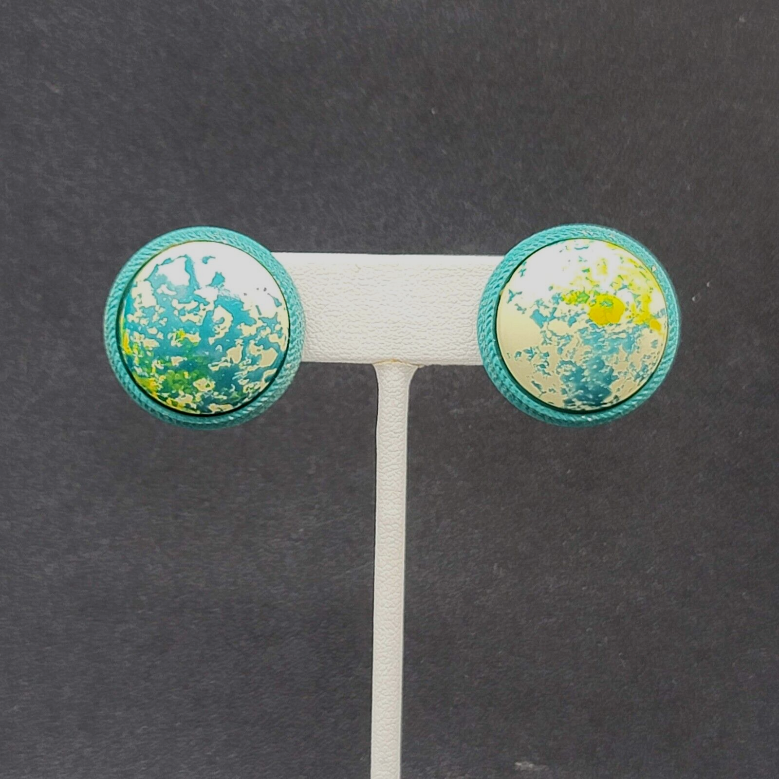 Vintage Clip on Earrings Round Dome Blue Green Yellow Speckle Studs 1" Hong Kong
