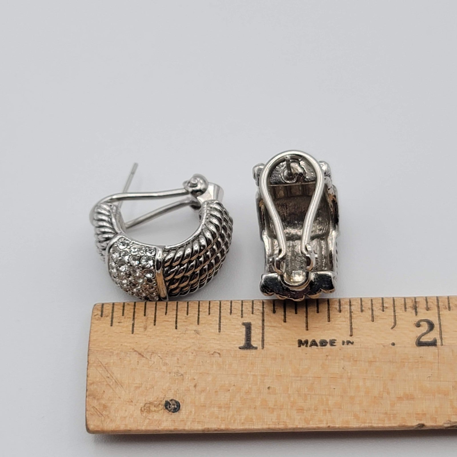 Crystal Pave Hoops Rope Design Pierced Earrings Silver tone Omega Back 3/4 in