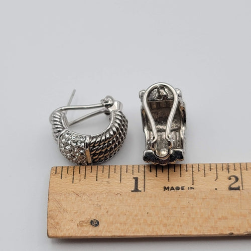 Crystal Pave Hoops Rope Design Pierced Earrings Silver tone Omega Back 3/4 in