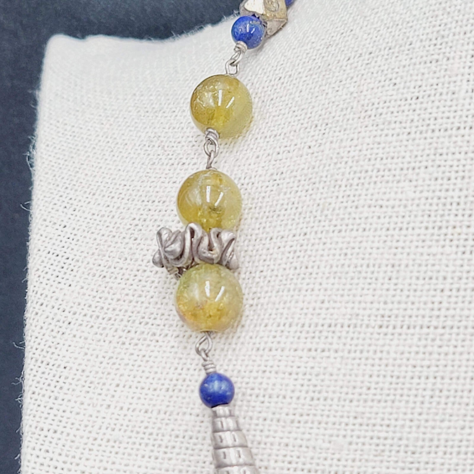 Sterling Silver Necklace Green Glass Blue Lapis Beads 18"-20"