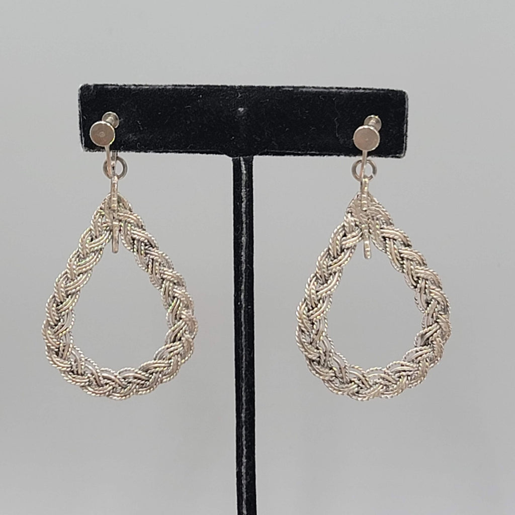 Vintage Open Teardrop Embossed Clip on Earrings Silver tone Dangle 2 in