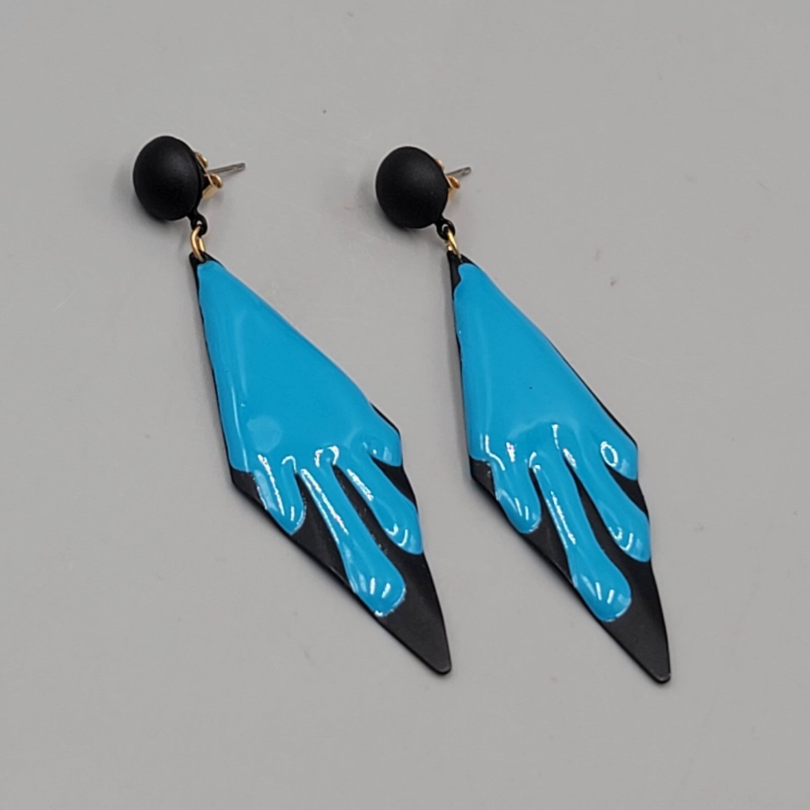 Vintage Black Blue Enamel Pierced Earrings Statement Dangle 2.75"