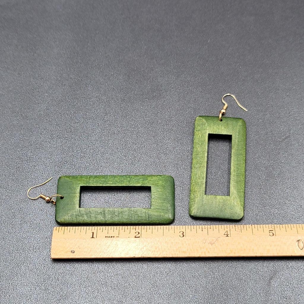 Pierced Earrings Large Green Wood Rectangle Statement Dangle 2.75"