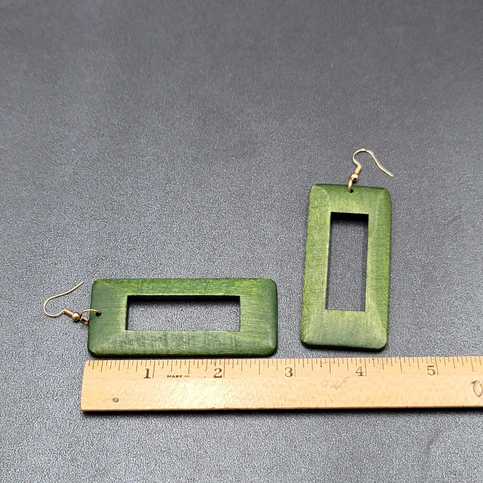 Pierced Earrings Large Green Wood Rectangle Statement Dangle 2.75"