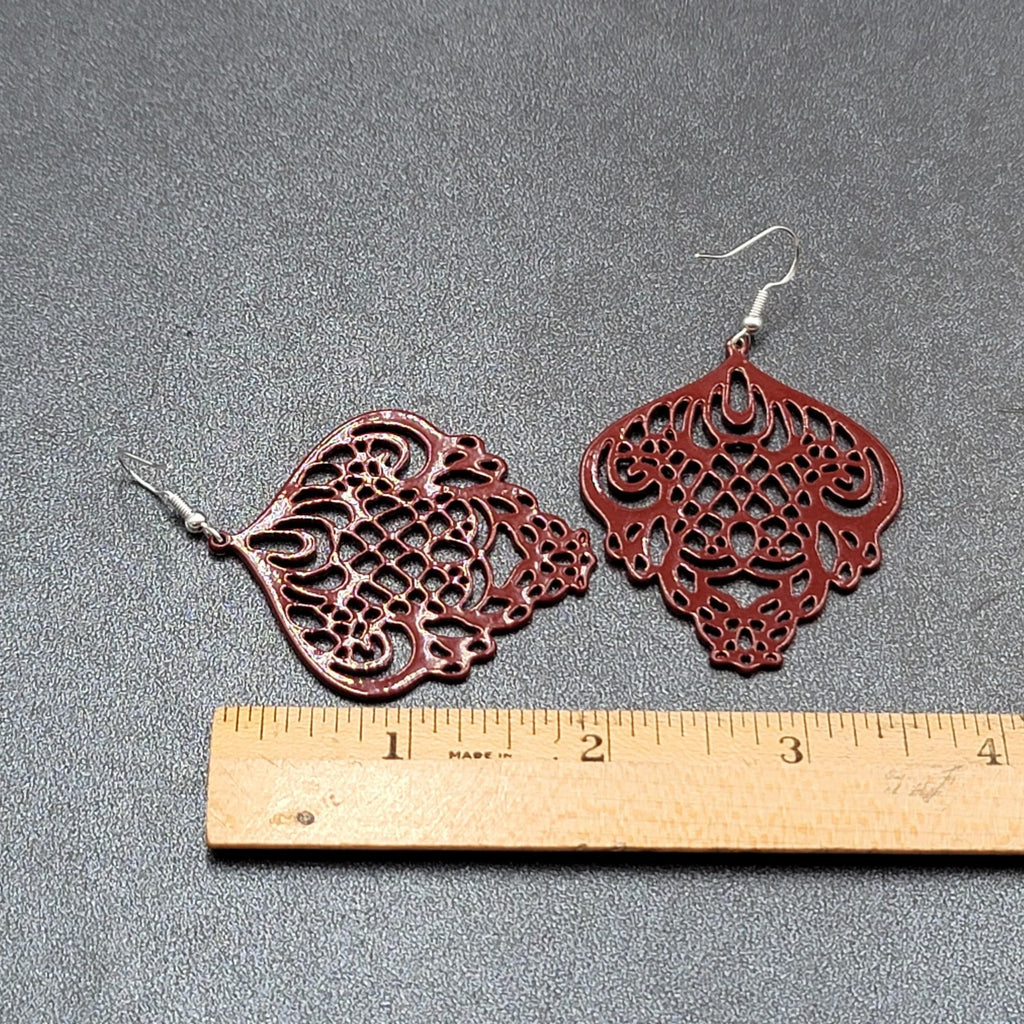 Pierced Earrings Burgandy Red Enamel over Metal Open work 2"