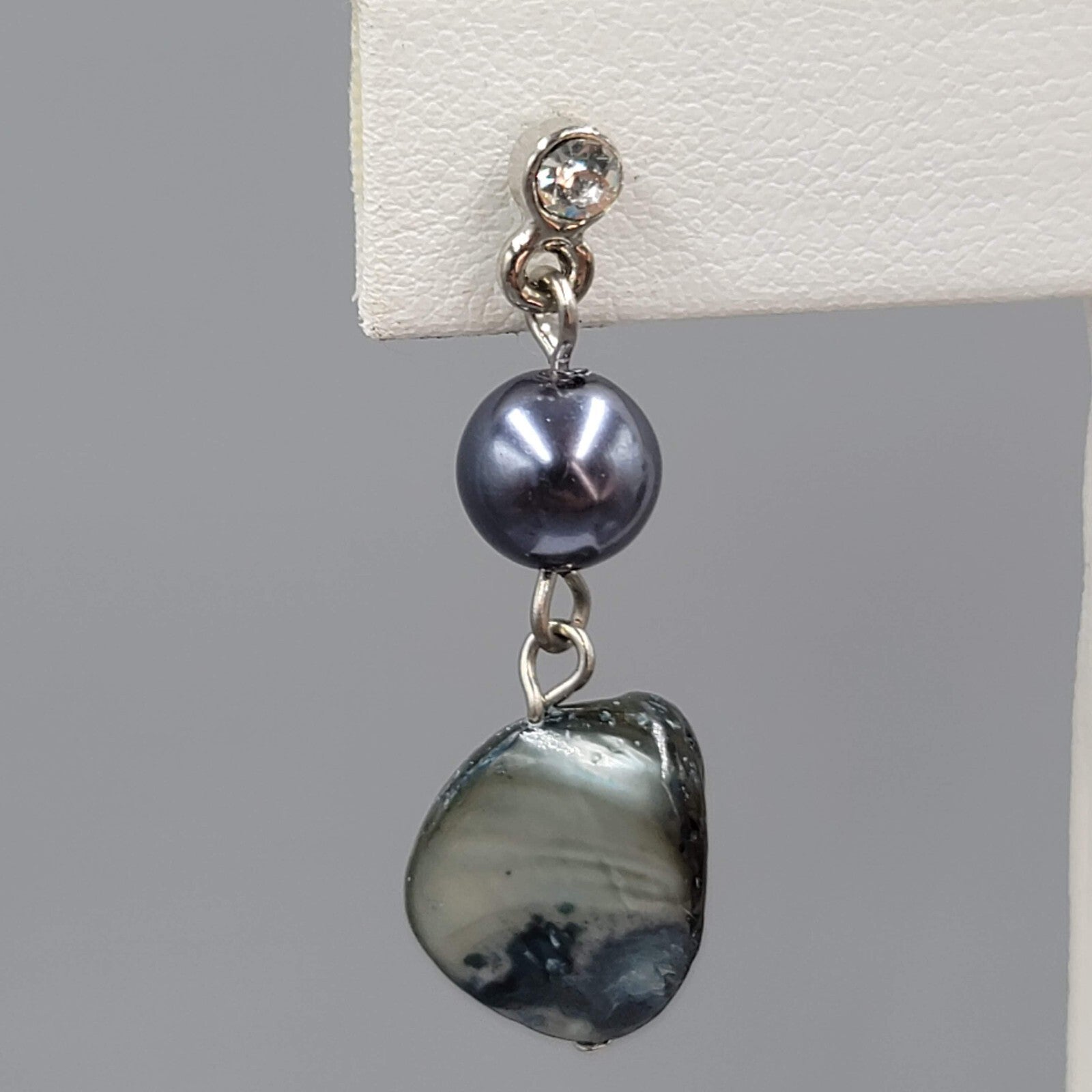 Pearl Blue Shell Pierced Earrings Silver tone Dangle 1.5"