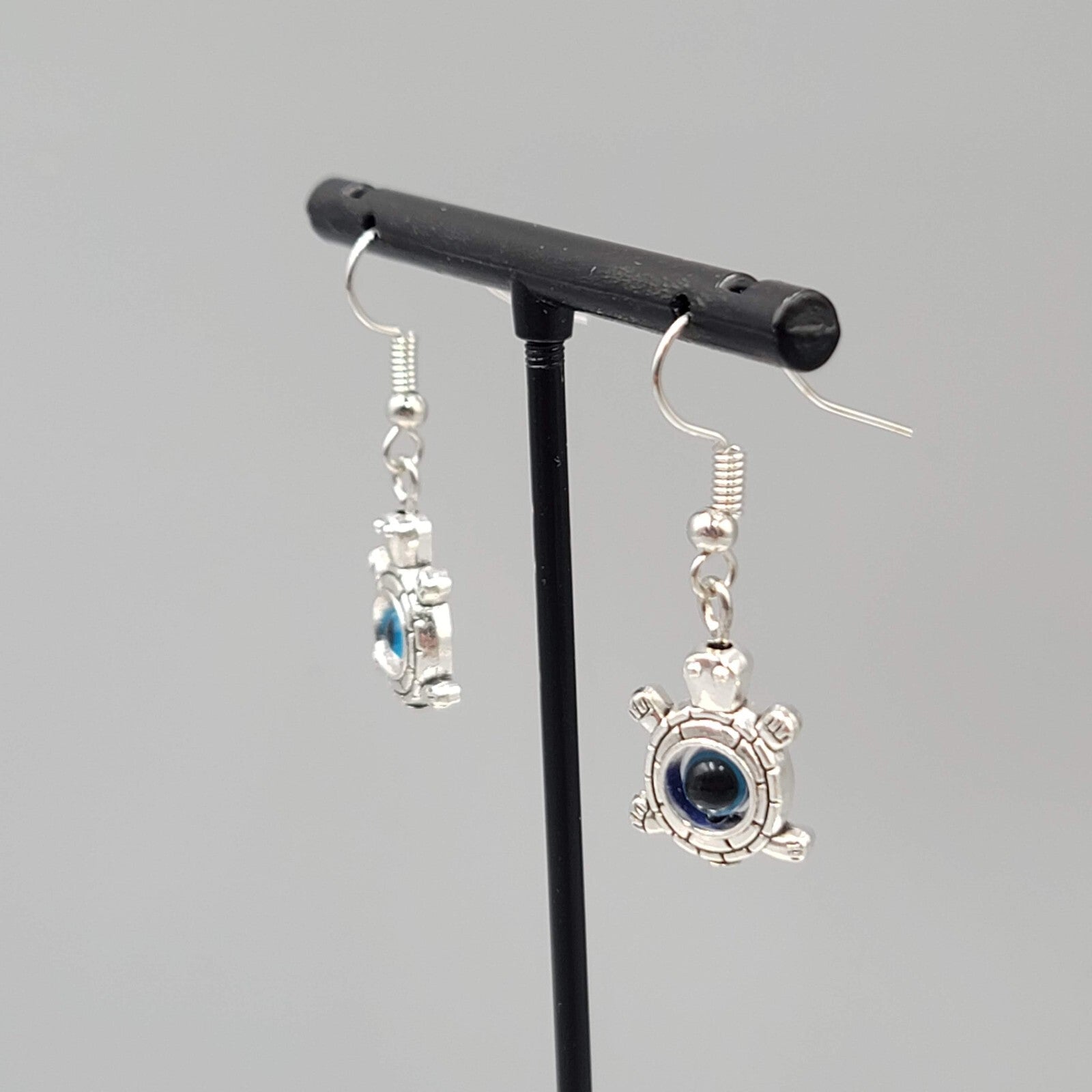 Turtle Evil Eye Pierced Earrings Silver tone Blue Bead Dangle 3/4"