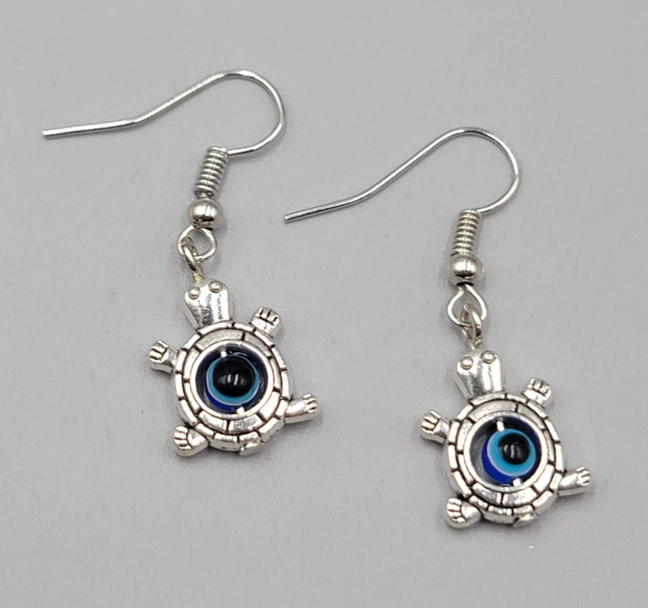 Turtle Evil Eye Pierced Earrings Silver tone Blue Bead Dangle 3/4"