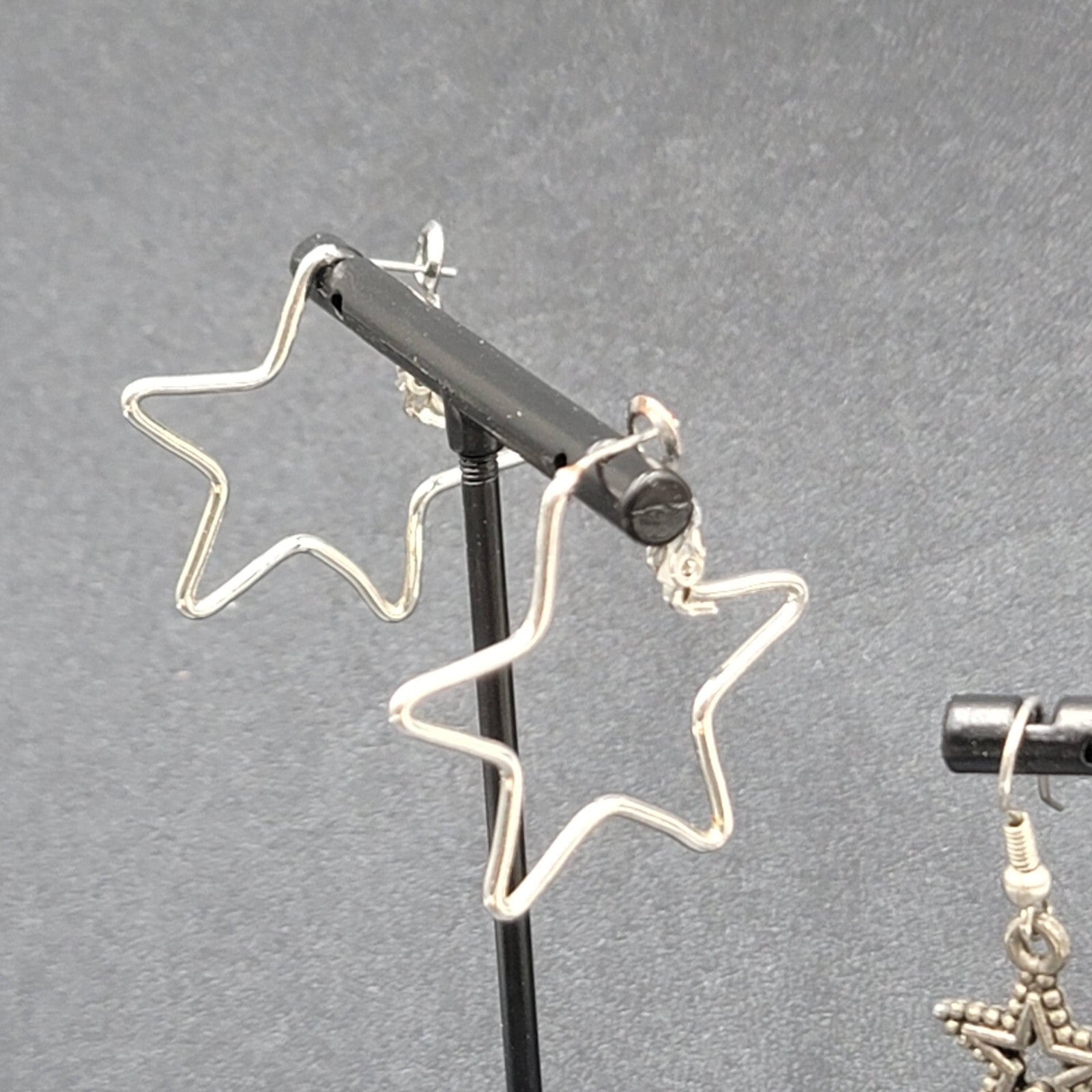 Lot of 2 Pierced Earrings Silver tone STARS Dangle Hoops