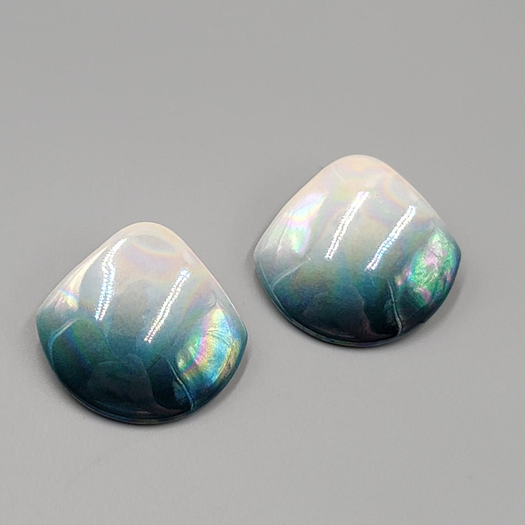 Vintage Ceramic Pierced Earrings White Teal Ombre Drop Statement 80s 1 3/8"