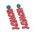 HOWDY Statement Pierced Earrings Red Seed Bead Crystal Long 3.75 in