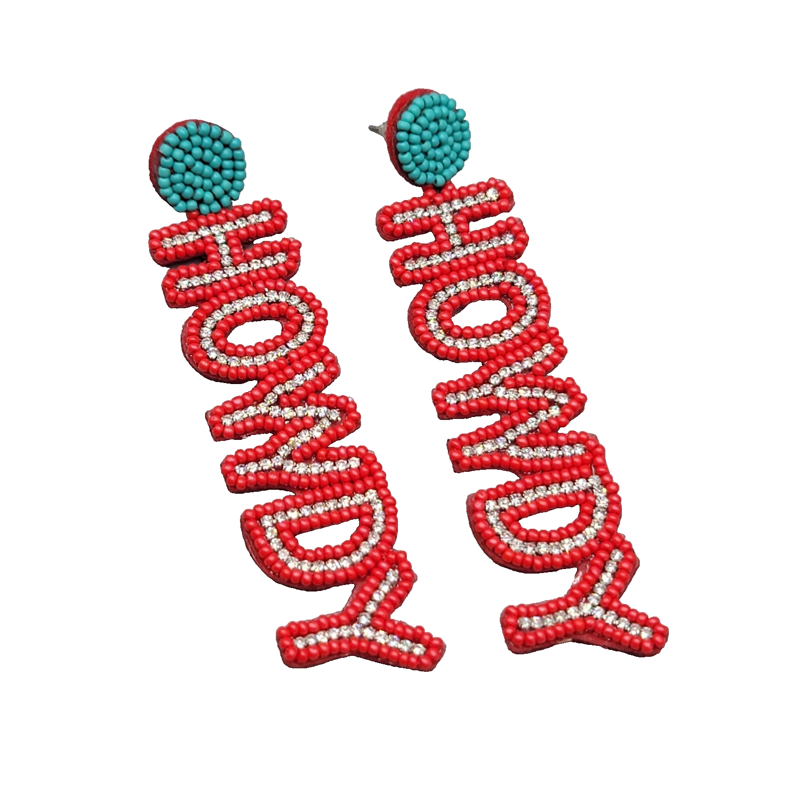 HOWDY Statement Pierced Earrings Red Seed Bead Crystal Long 3.75 in