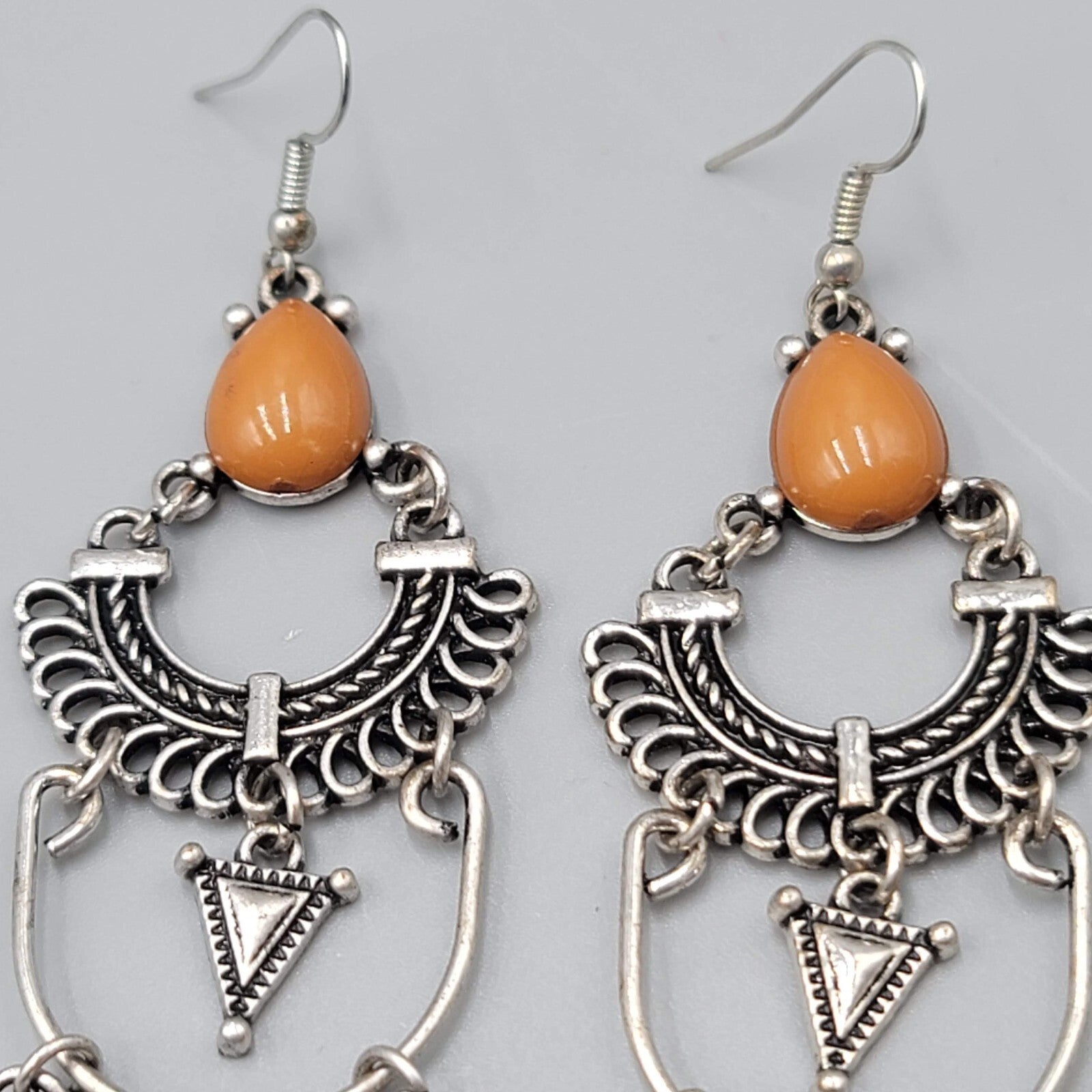 Boho Chandelier Pierced Earrings Silver tone Orange Accent 3 3/8"