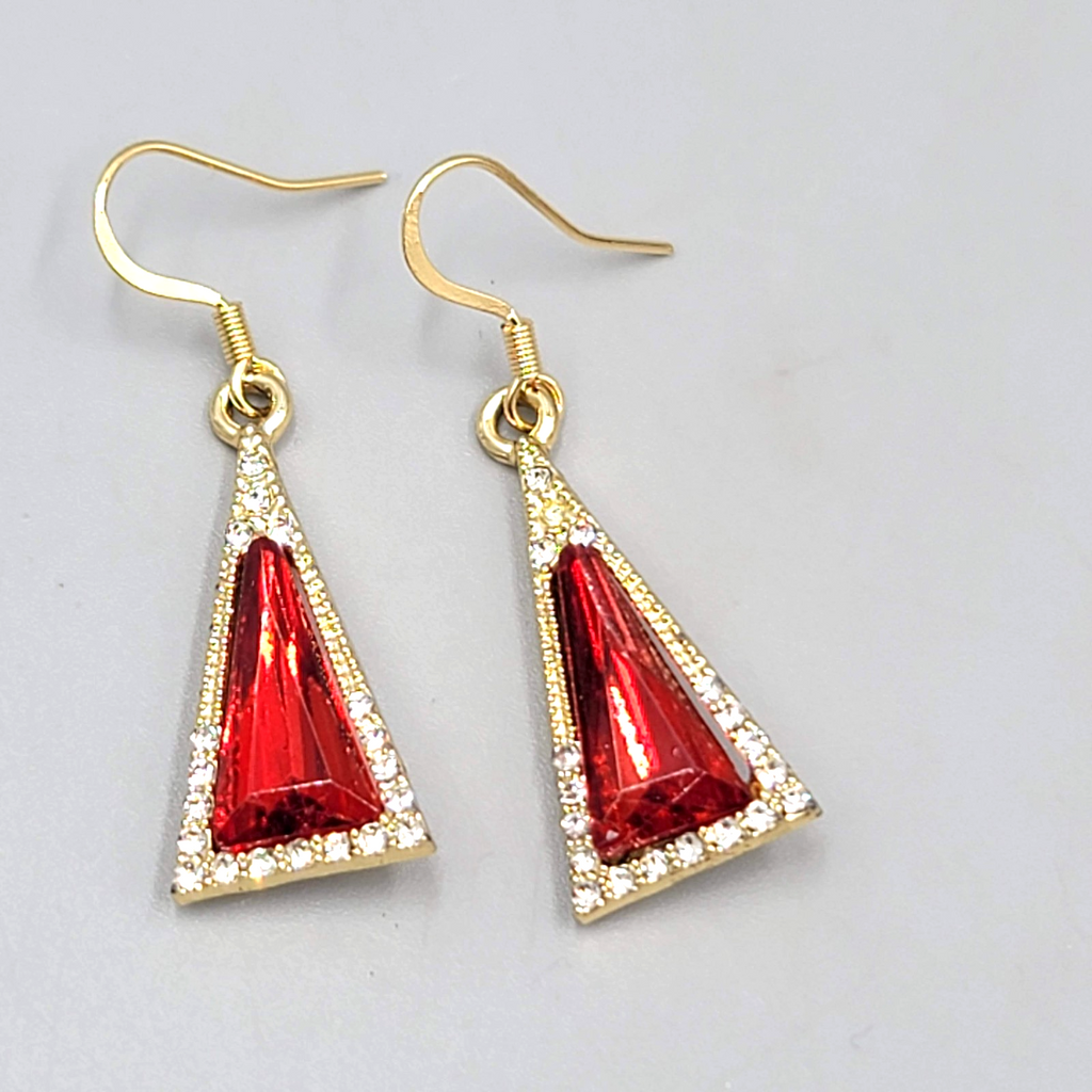 Red Rhinestone Triangle Pierced Earrings Gold tone Dangle 7/8"