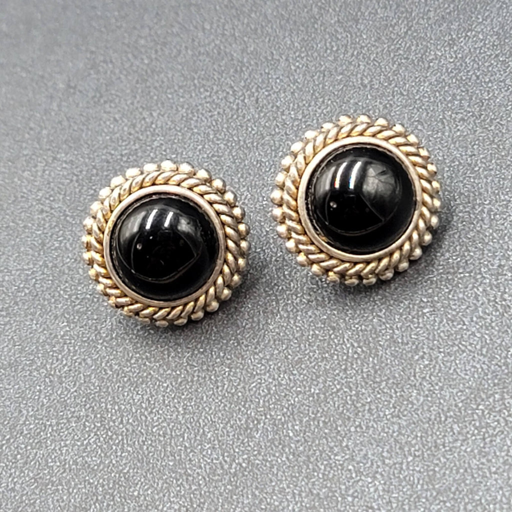 Vintage Clip on Earrings Silver Plated Black Stone Cabochon Studs 3/4"