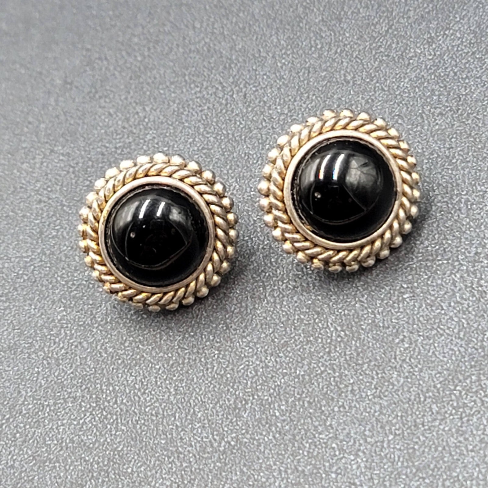 Vintage Clip on Earrings Silver Plated Black Stone Cabochon Studs 3/4"
