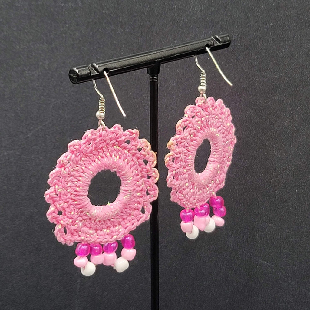 Pierced Earrings Pink Crochet Bead Dangle 1 7/8"