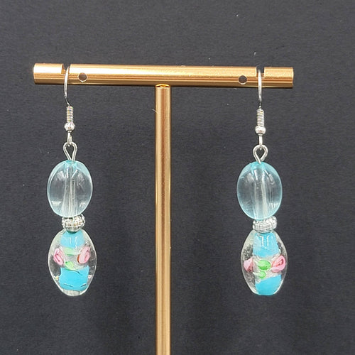 Blue Flower Art Glass Bead Pierced Earrings Silver tone Dangle 1.5"