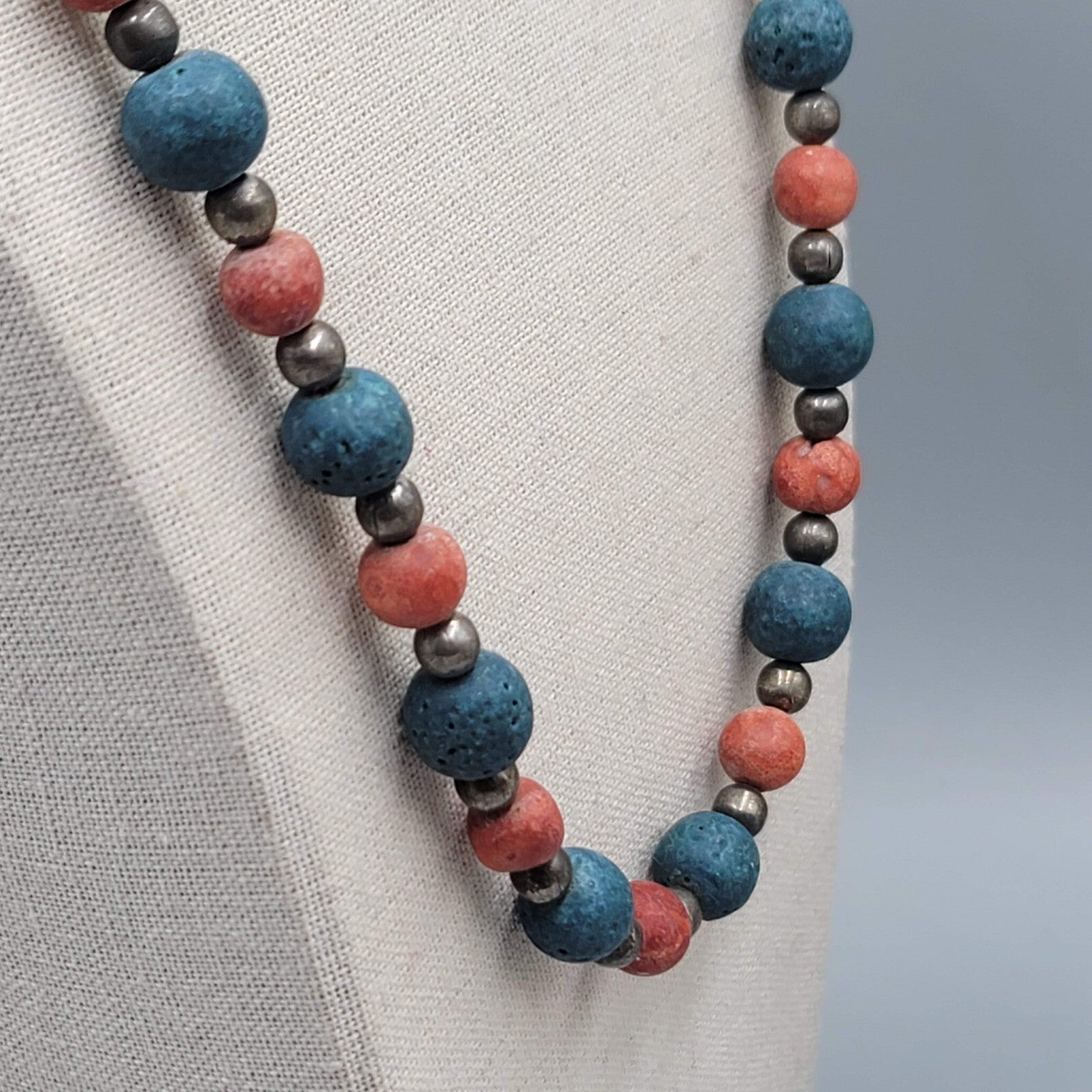 Vintage Beaded Necklace Red Blue Brass Handmade 22" Estate Costume Jewelry 
