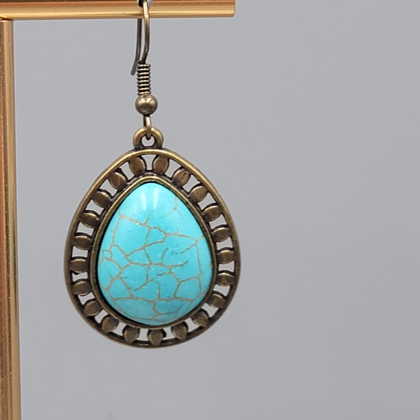 Teardrop Pierced Earrings Bronze tone Blue Howlite Dangle 1 1/8"