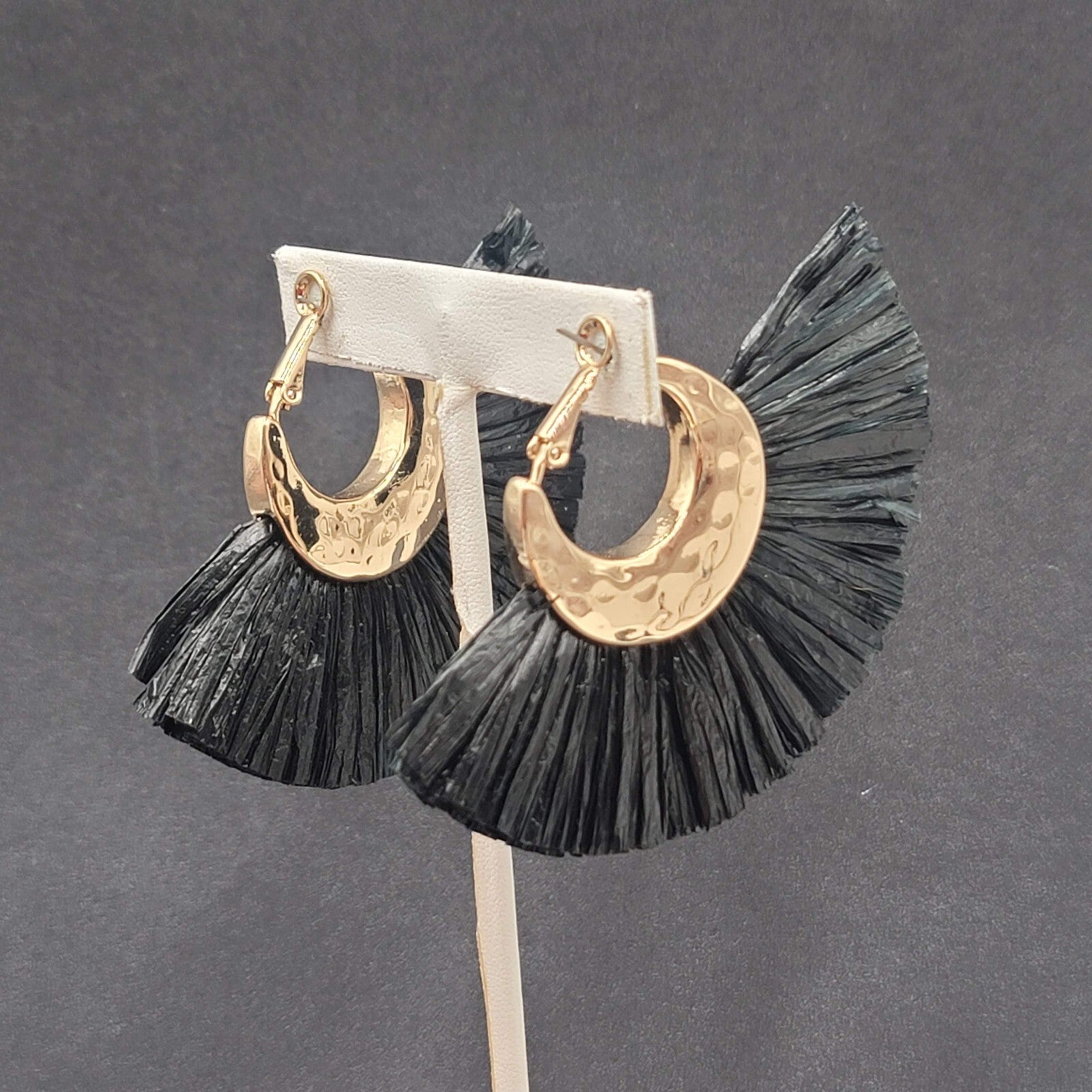 Pierced Earrings Gold tone Black Rattan Tassel Dangle 2.25"x3.25"