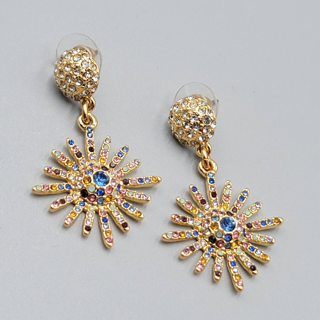 Pierced Earrings Gold tone Multicolor Crystal Starburst Sun Dangle 1.75"
