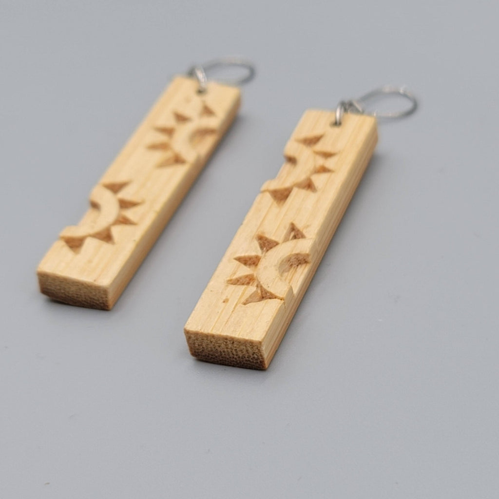 Sun Motif Wood Pierced Earrings Silver tone Dangle 2.25"