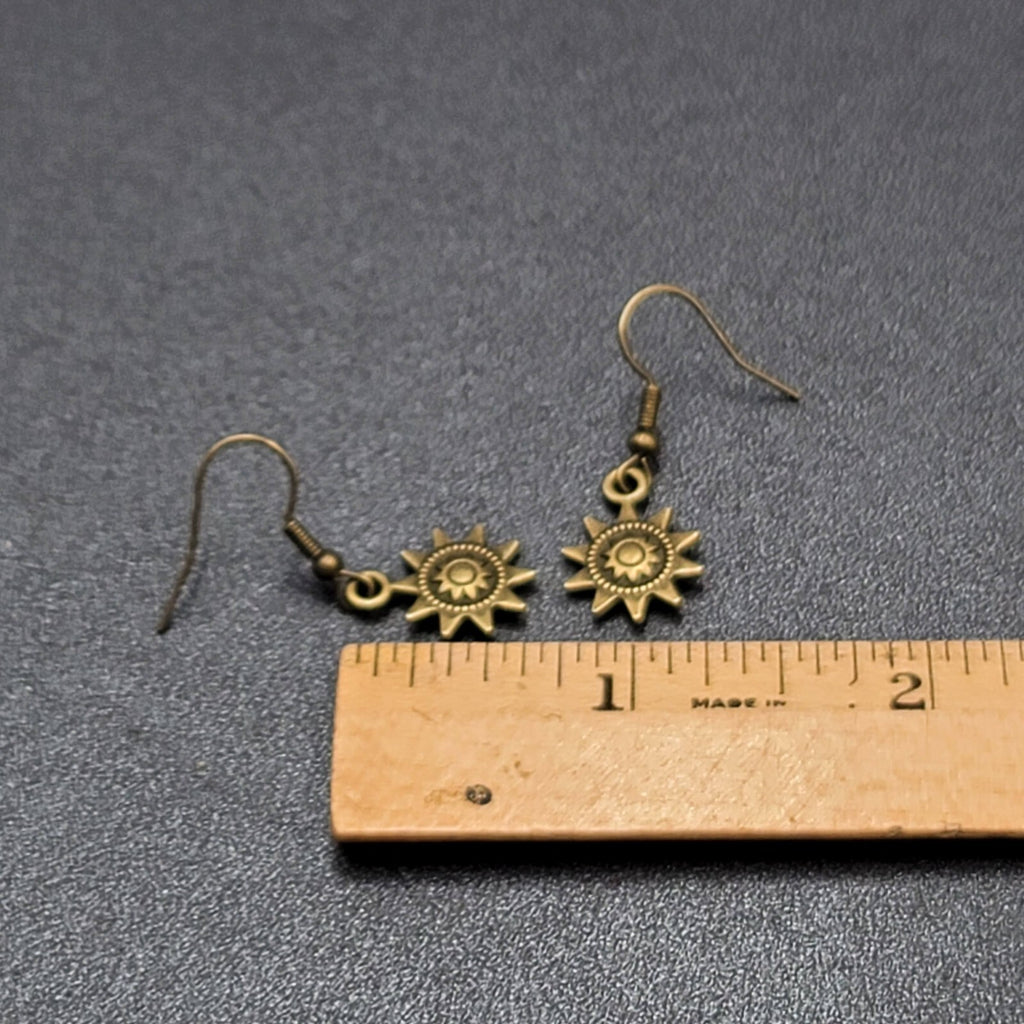 Sun Pierced Earrings Bronze tone Embossed Dangle New 5/8"