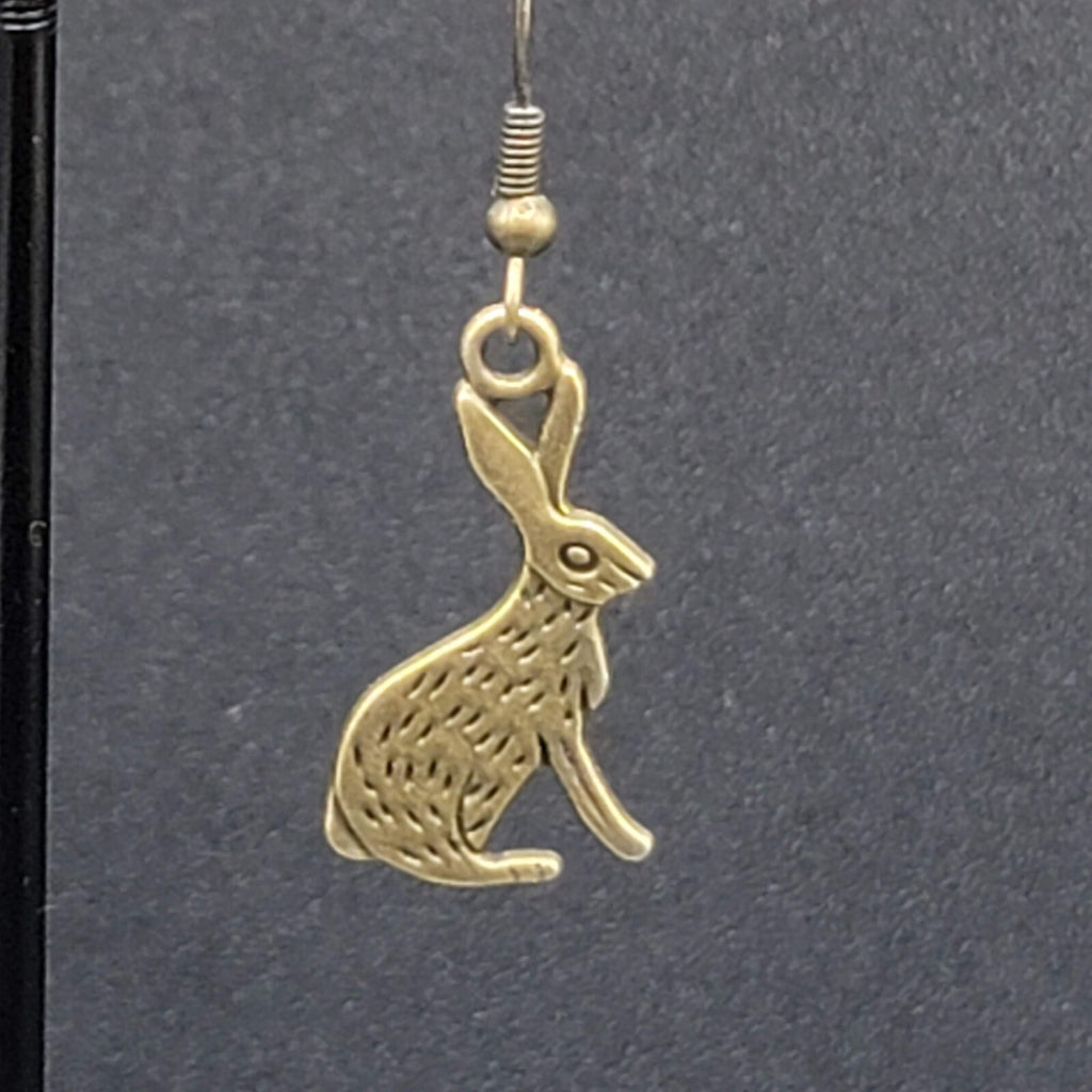 New BUNNY RABBIT Pierced Earrings Bronze tone Dangle Embossed 1"