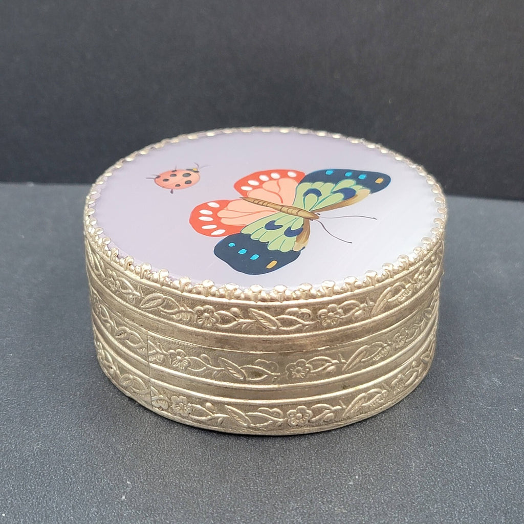 Mirror Trinket Box Reverse Painted On Glass Butterfly Ladybug 3.25”