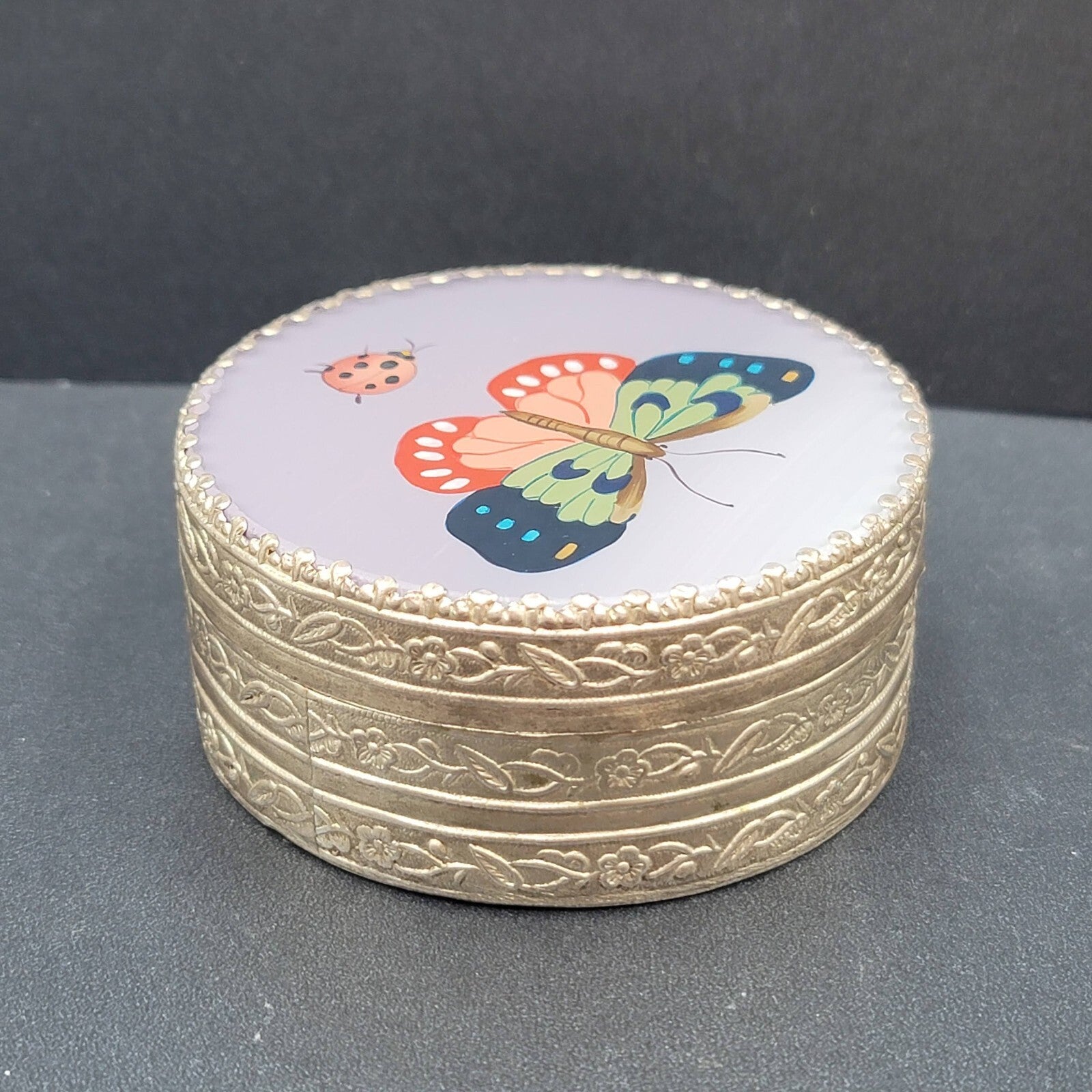 Mirror Trinket Box Reverse Painted On Glass Butterfly Ladybug 3.25”