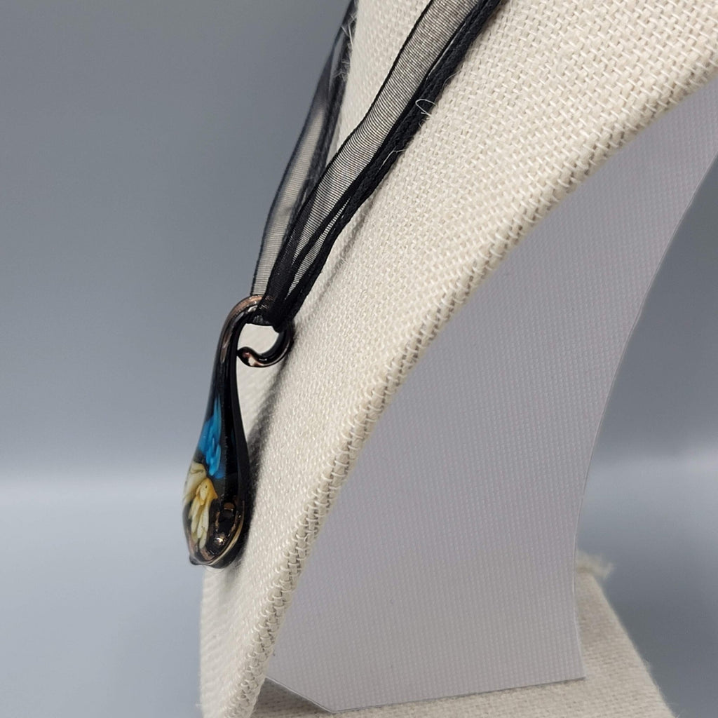 Art Glass Pendant Necklace Teardrop Flower Black Ribbon Cord 18"-19"