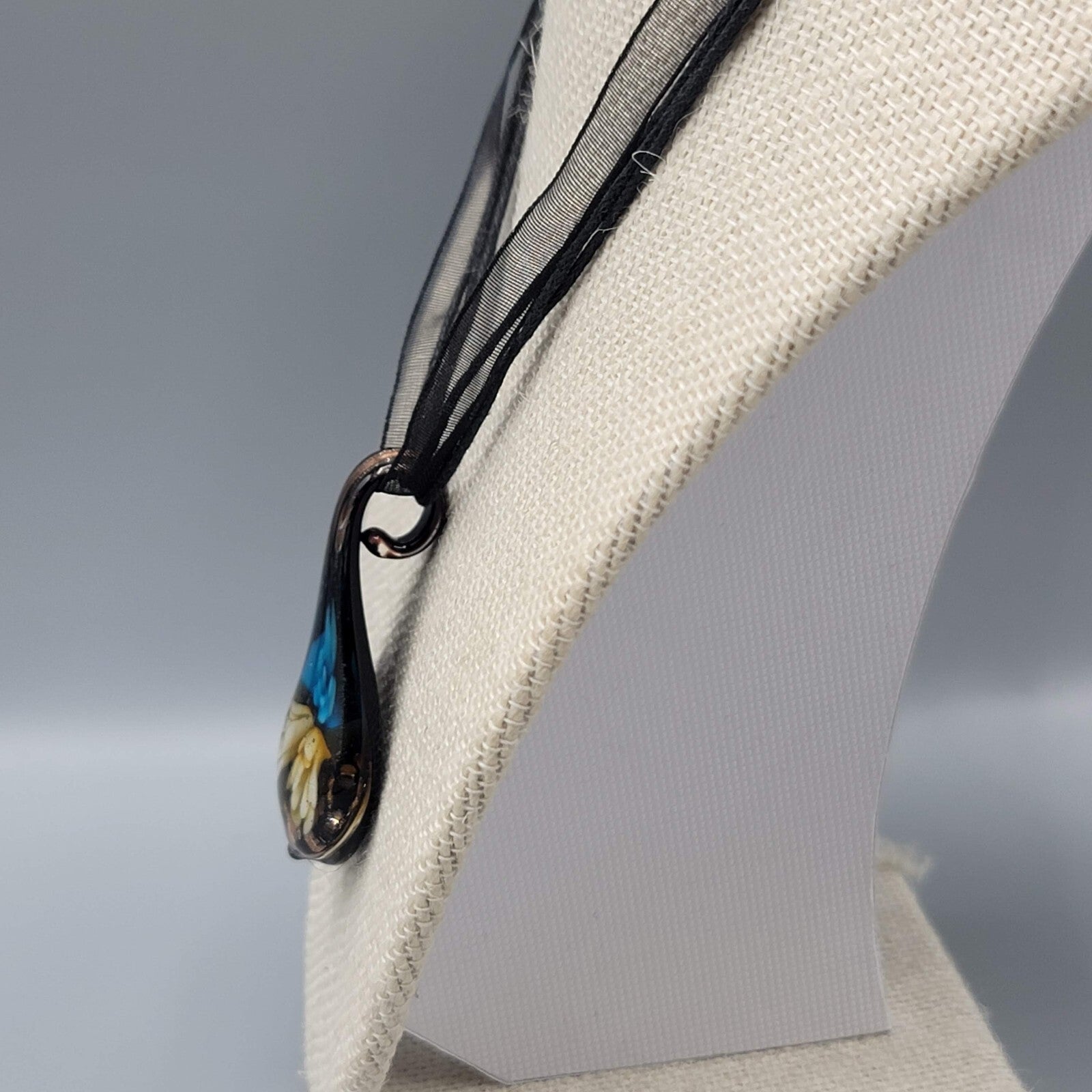 Art Glass Pendant Necklace Teardrop Flower Black Ribbon Cord 18"-19"