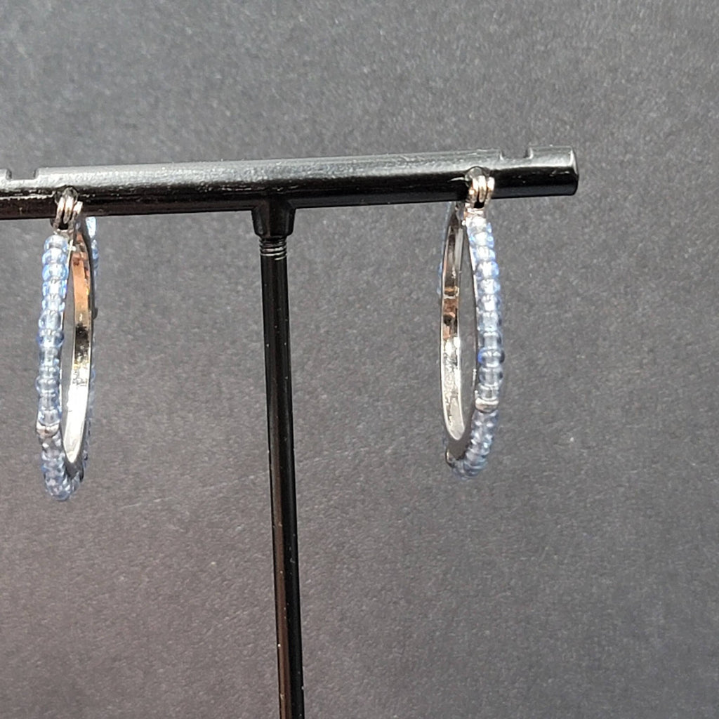 Pierced Earrings Black Metal Blue Seed Bead Hoops 1"